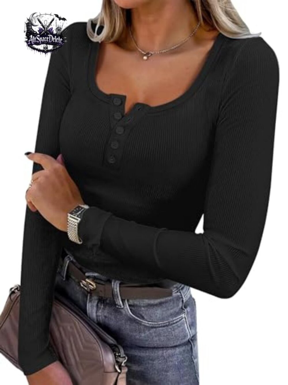 Women's Long Sleeve Henley Top Ribbed Knit Slim Fit Casual Tee